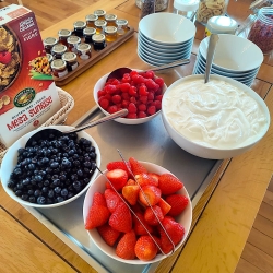 buffet breakfast at bossington hall with fresh fruit and yoghurt